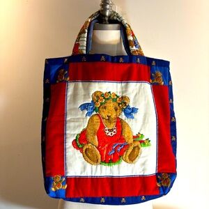 PATCHWORK Quilted Colorful Bear Print Tote Soft Shell Contrasting Lining Bag
